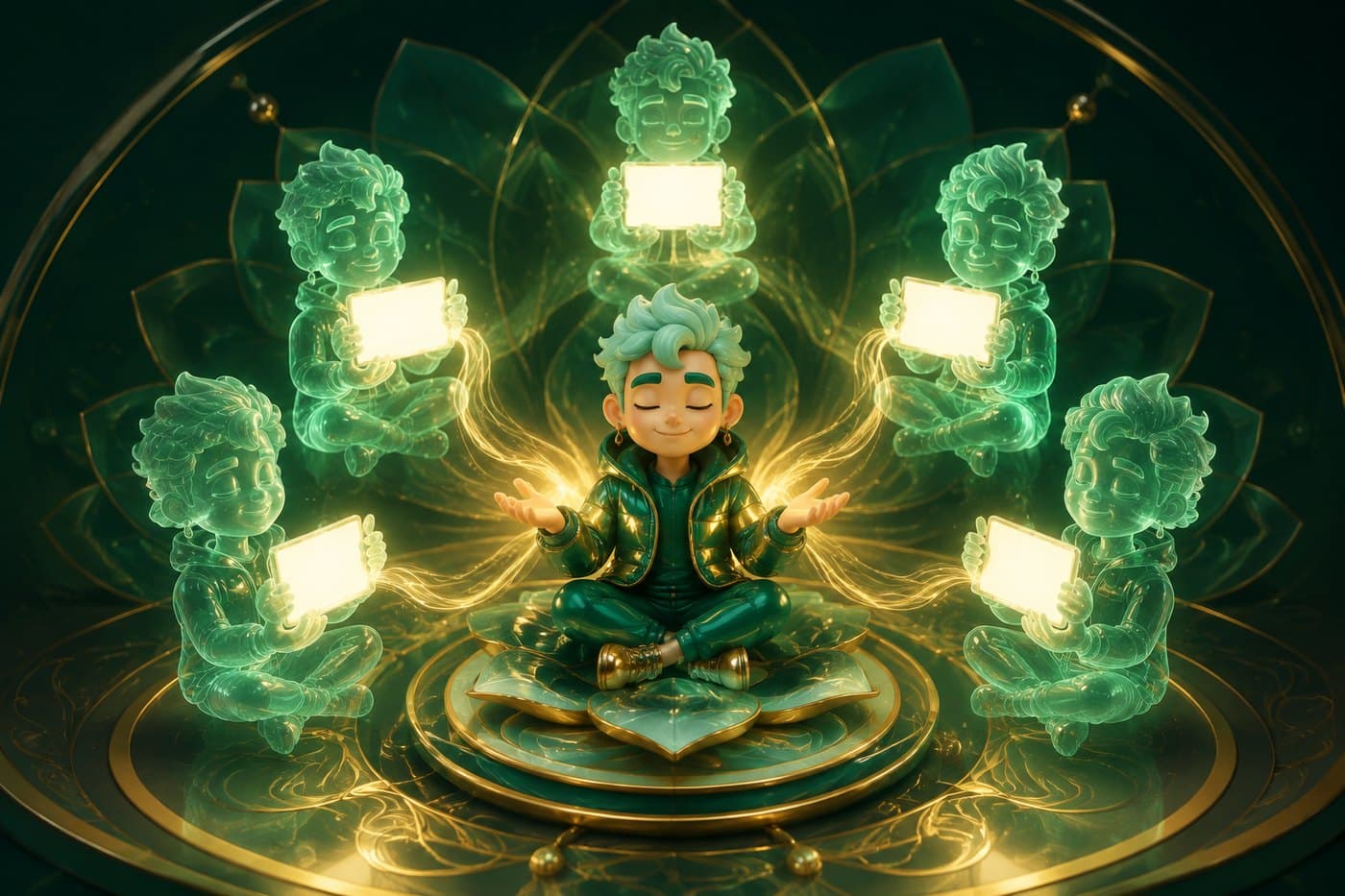 一人分出五个虚影，各自面对一块发光的屏