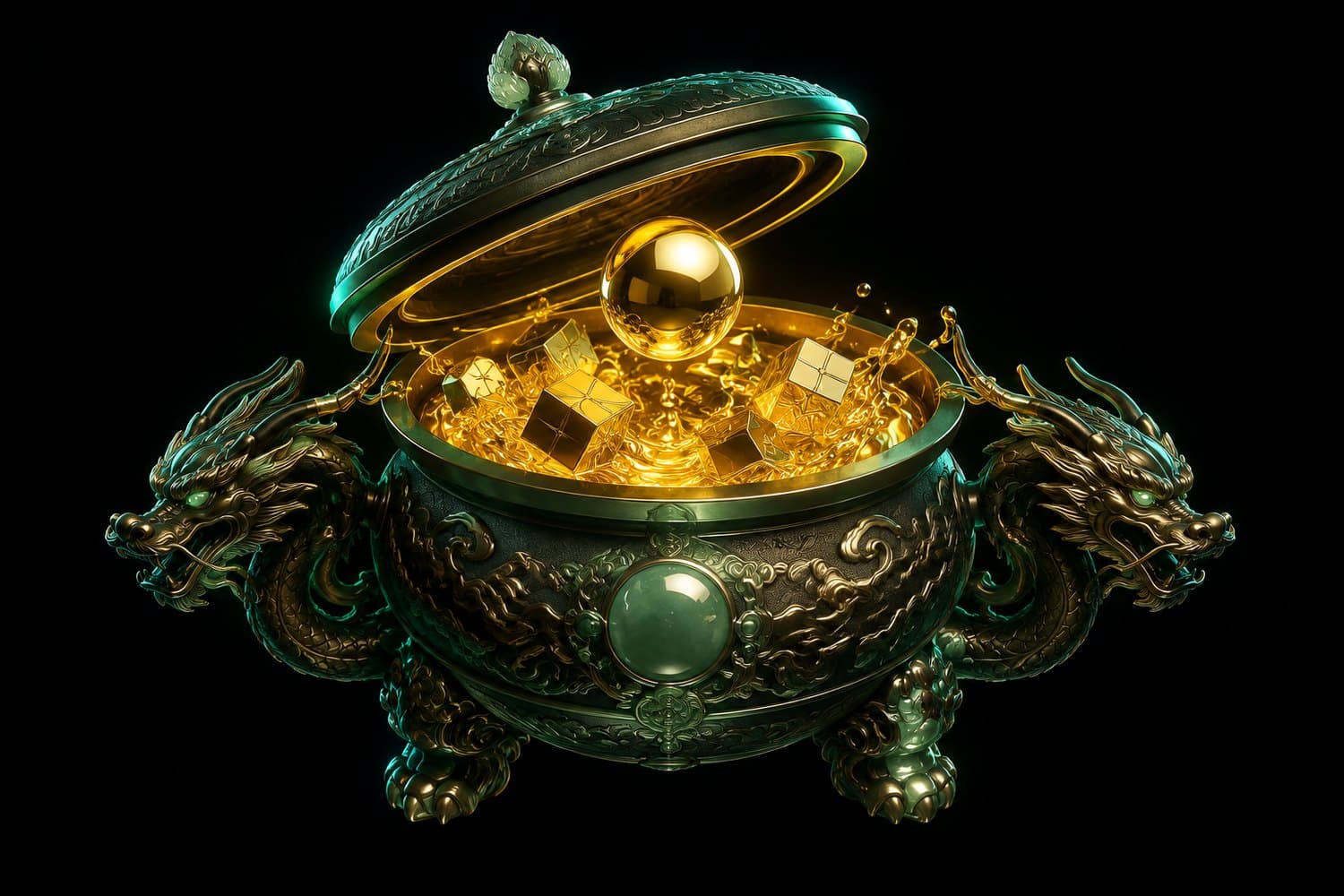 黑场中悬浮的丹炉，炉里翻滚着熔金与包裹，一颗金丹升起
